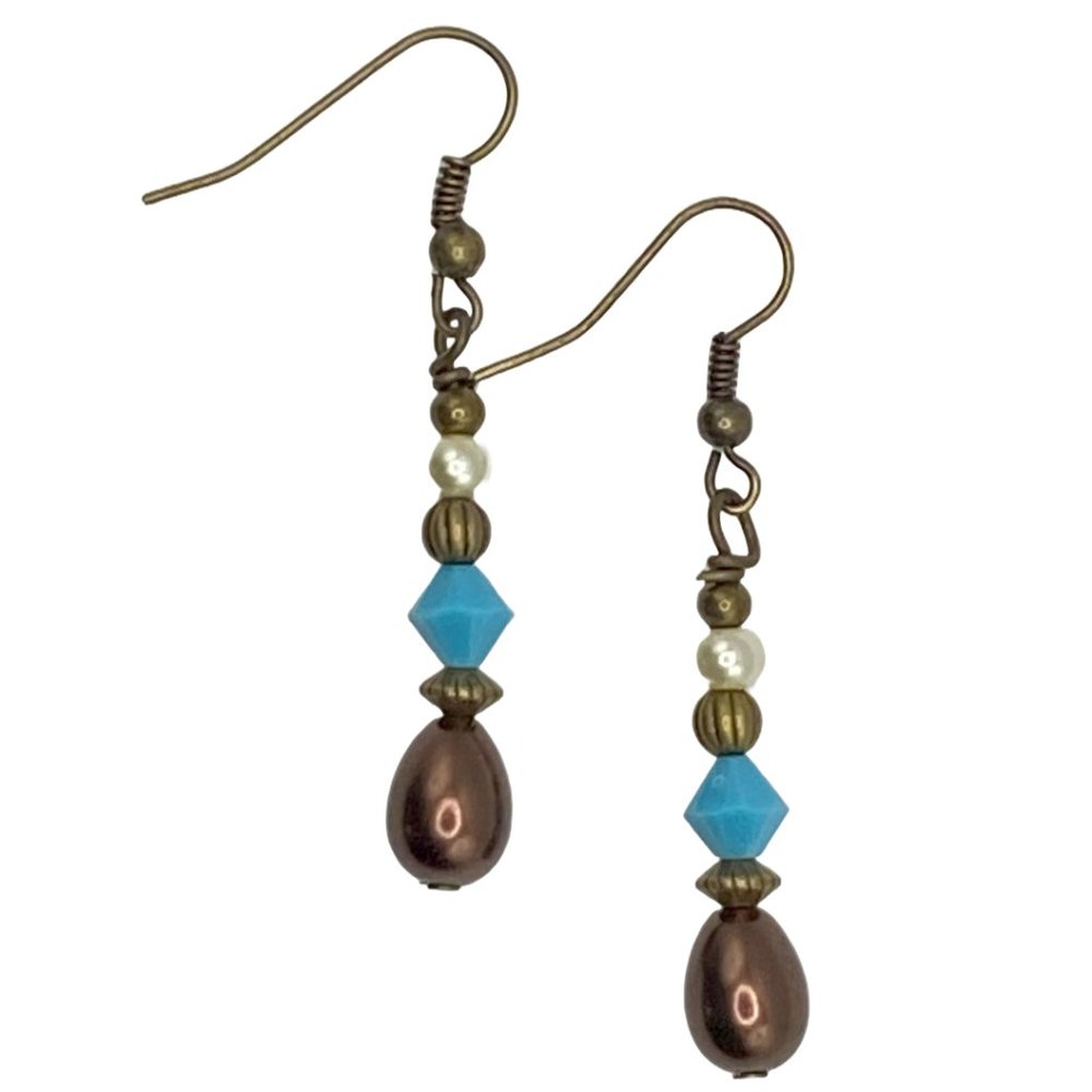Brown Pearl Earrings with Faceted Turquoise Glass Beads